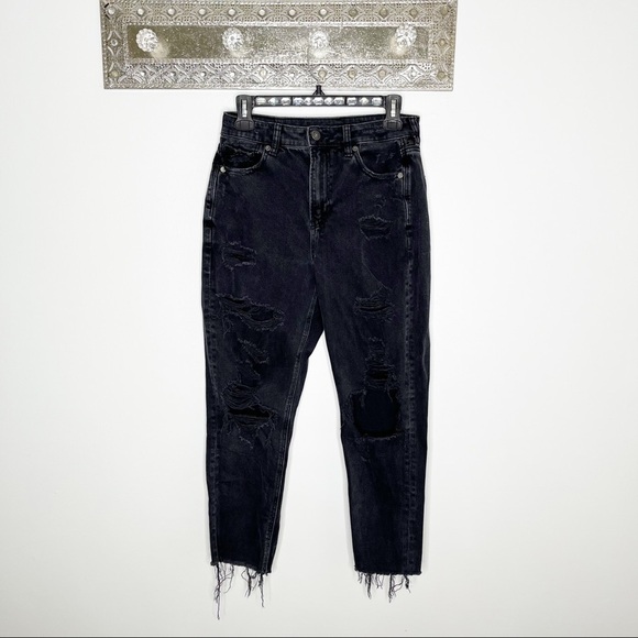 American Eagle Black Distressed Hem Straight Leg High Waist Black Jeans Size 4 - Picture 1 of 10